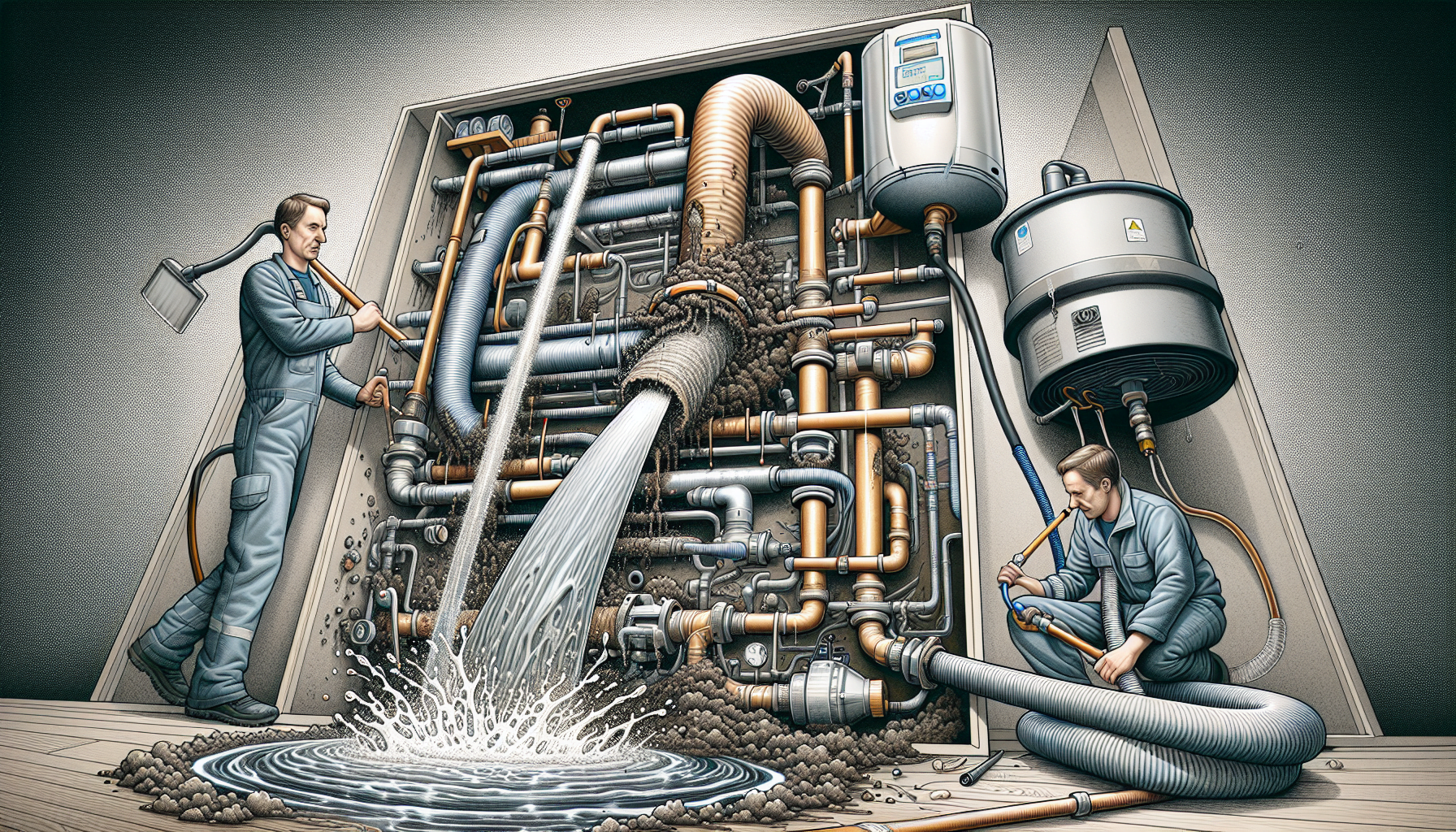 Illustration of power flushing process for central heating system