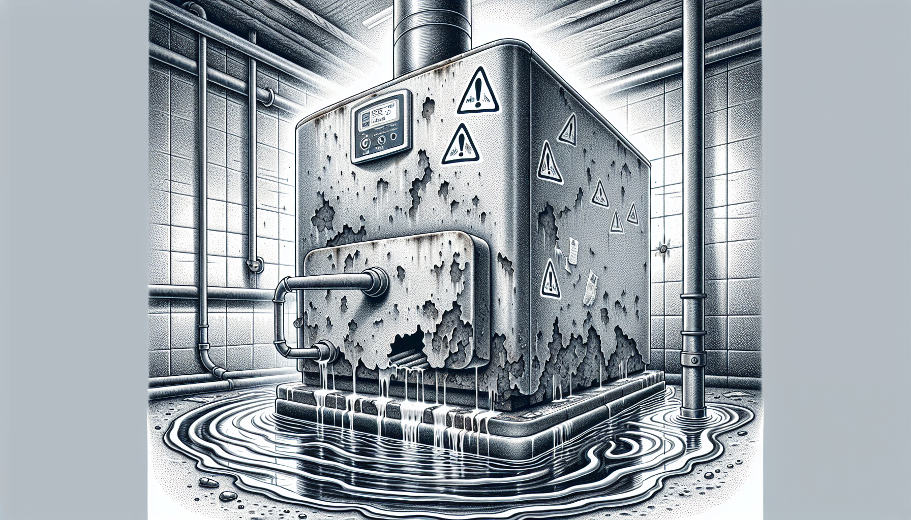 Illustration of a leaking boiler with warning signs